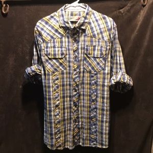 Red Snap size large blue and yellow plaid shirt